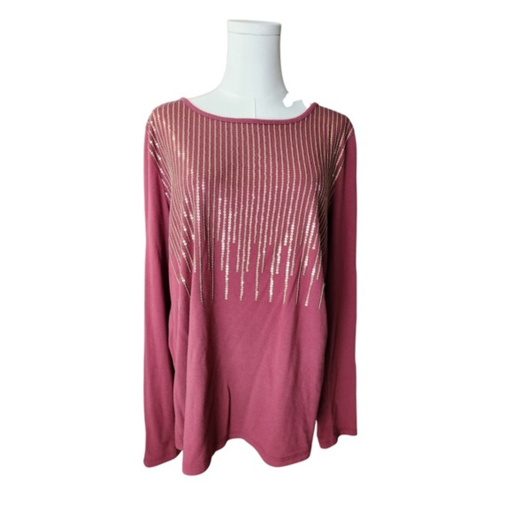 Liz Claiborne Womens XLT Burgundy Gold Sequin Drip Long Sleeve Knit Top Tall